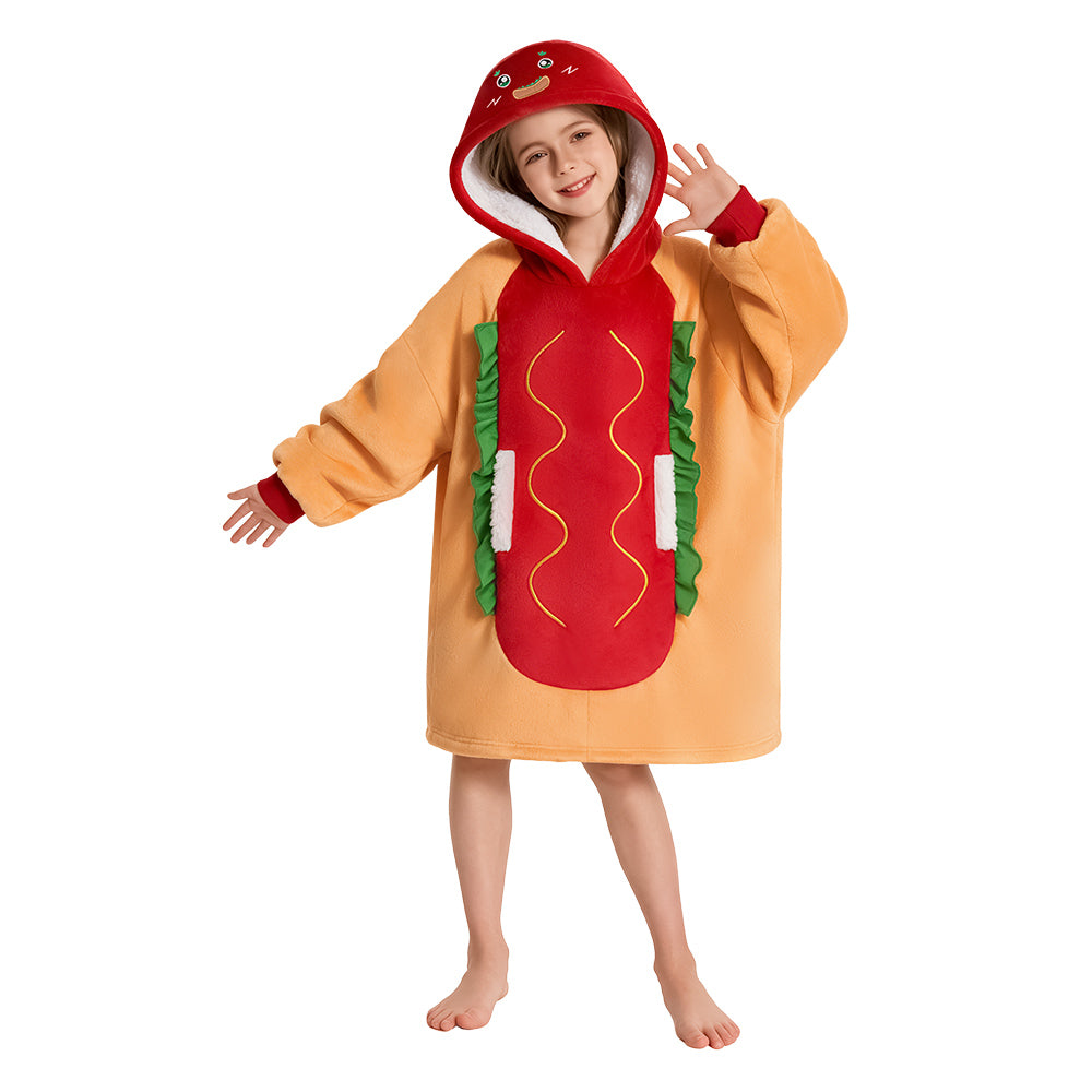 OLAOLA Kids Hot Dog Wearable Blanket Hoodie Oversized Food Onesie Soft Warm Cozy Homewear With Pocket For Children Halloween Christmas Costume