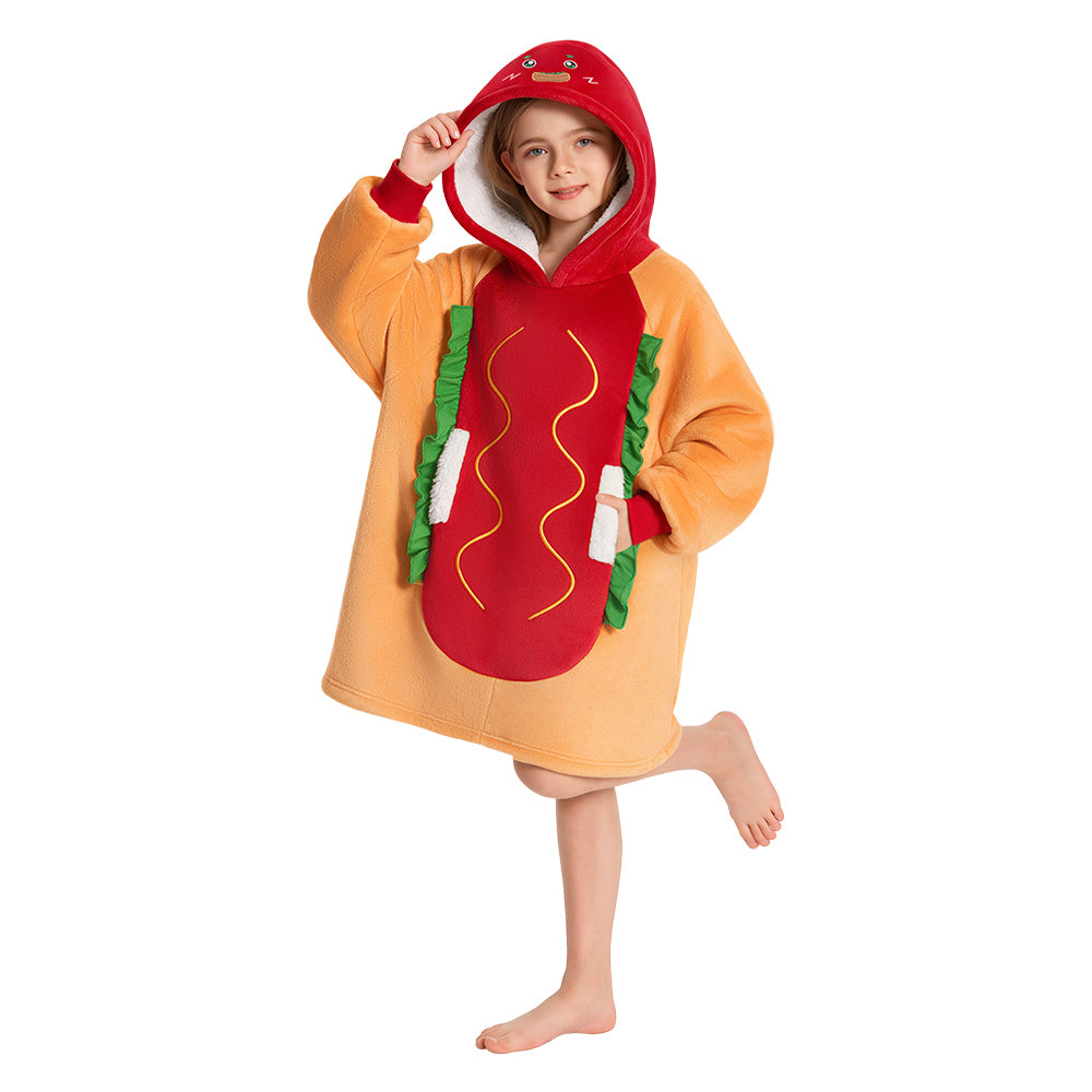 OLAOLA Kids Hot Dog Wearable Blanket Hoodie Oversized Food Onesie Soft Warm Cozy Homewear With Pocket For Children Halloween Christmas Costume