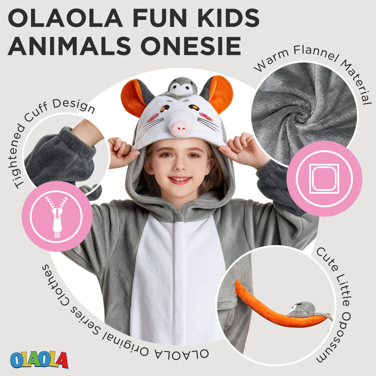 OLAOLA Kids Opossum Animal Onesie Children Pajamas Soft Cozy Flannel Jumpsuit Halloween Christmas Cosplay Costume