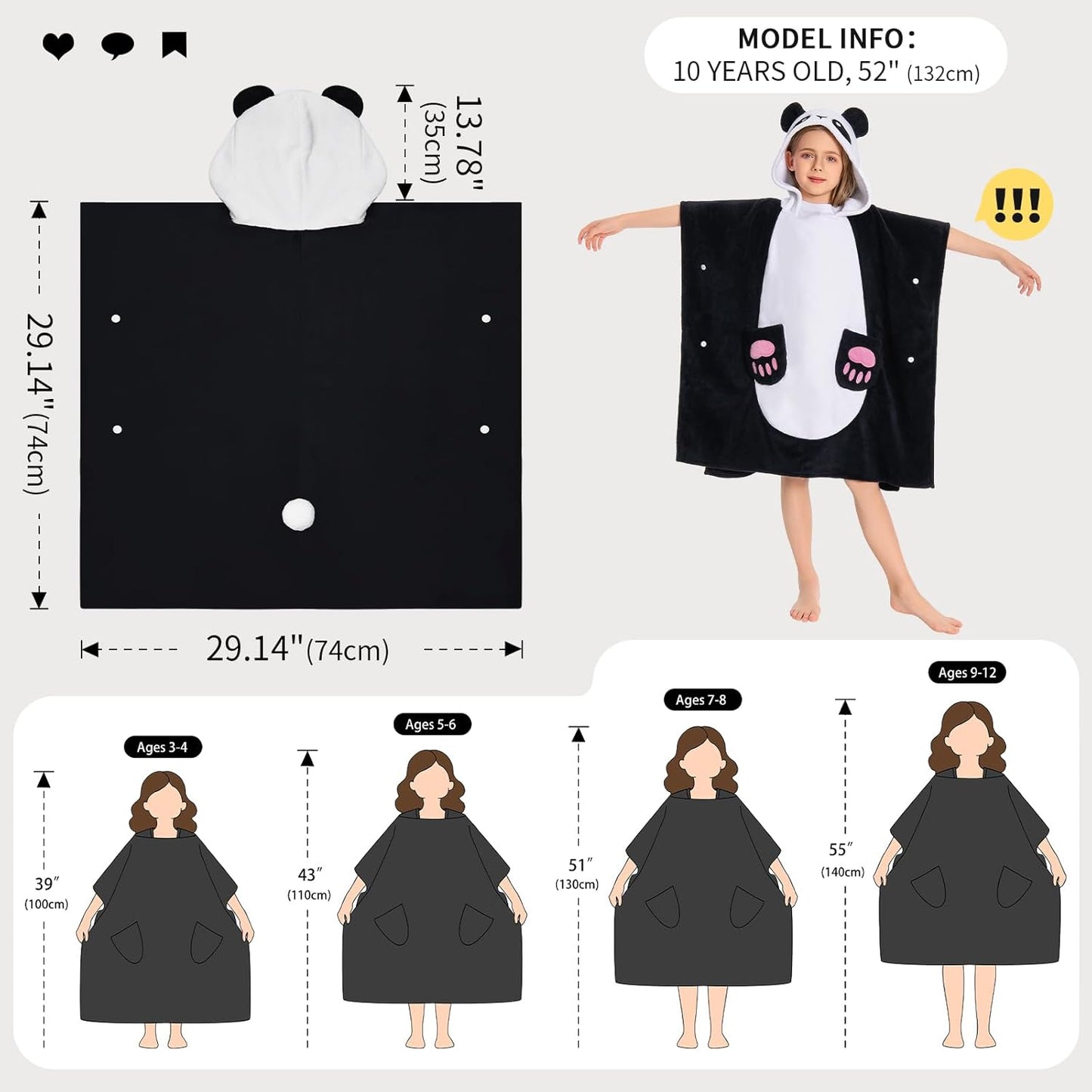 OLAOLA Kids Panda Bathrobe Blanket Animal Onesie Beach Towels Soft Absorbent Coral Fleece Pool Swim Towel