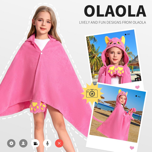 OLAOLA Kids Pink Cat Animal Beach Towels Blanket Plush Soft Absorbent Microfibre Outdoor Homewear Bath Hooded