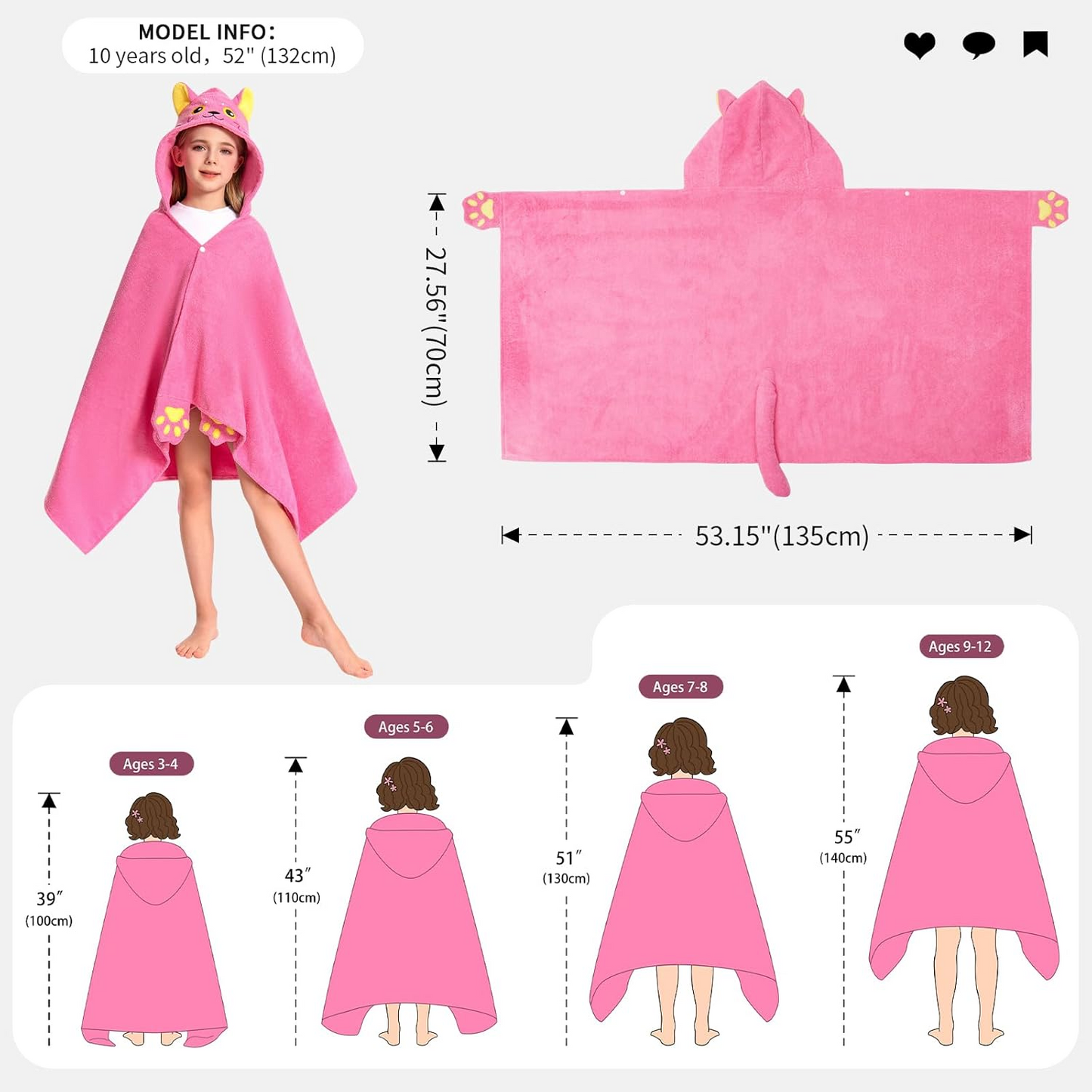 OLAOLA Kids Pink Cat Animal Beach Towels Blanket Plush Soft Absorbent Microfibre Outdoor Homewear Bath Hooded