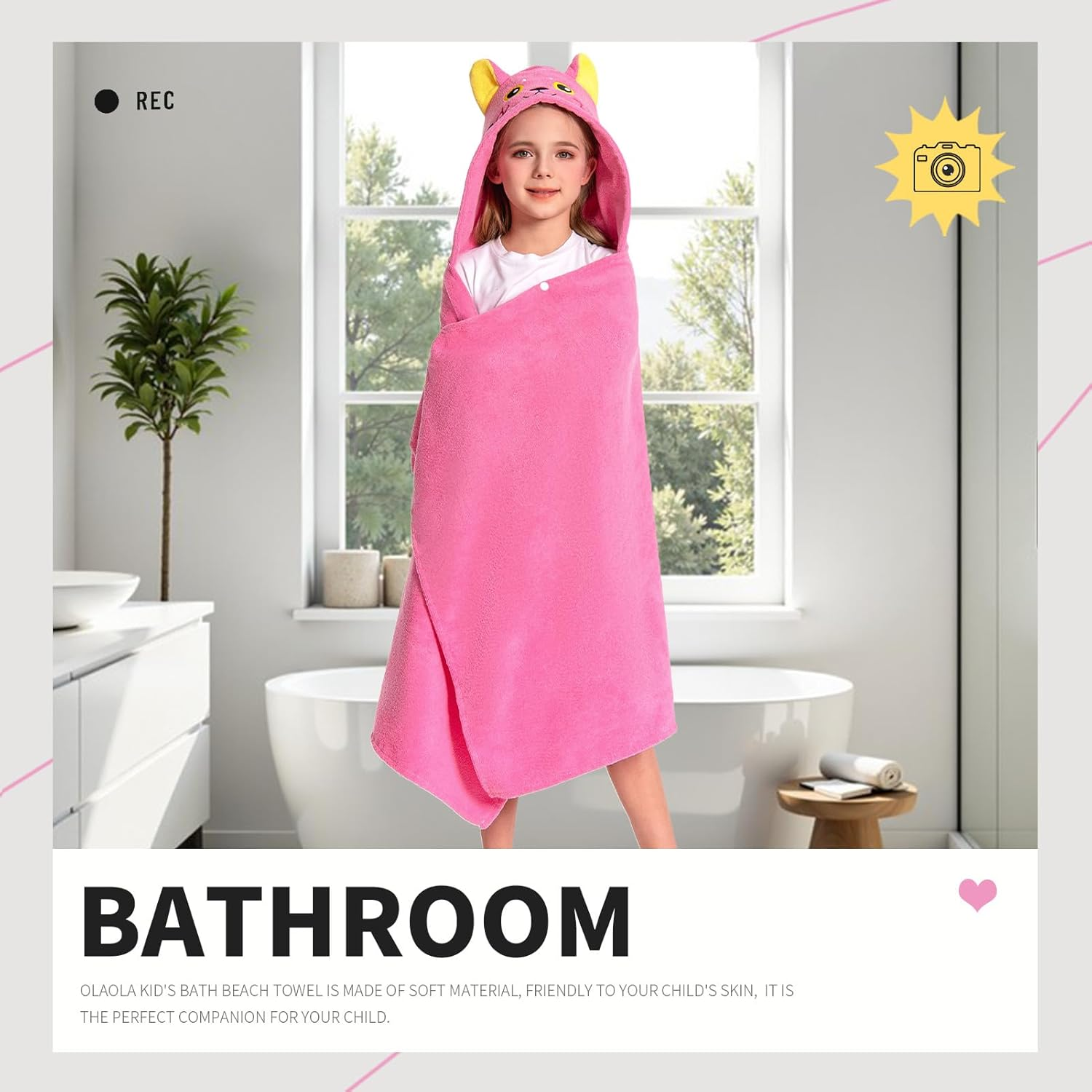 OLAOLA Kids Pink Cat Animal Beach Towels Blanket Plush Soft Absorbent Microfibre Outdoor Homewear Bath Hooded