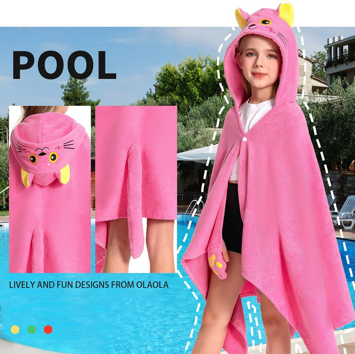 OLAOLA Kids Pink Cat Animal Beach Towels Blanket Plush Soft Absorbent Microfibre Outdoor Homewear Bath Hooded