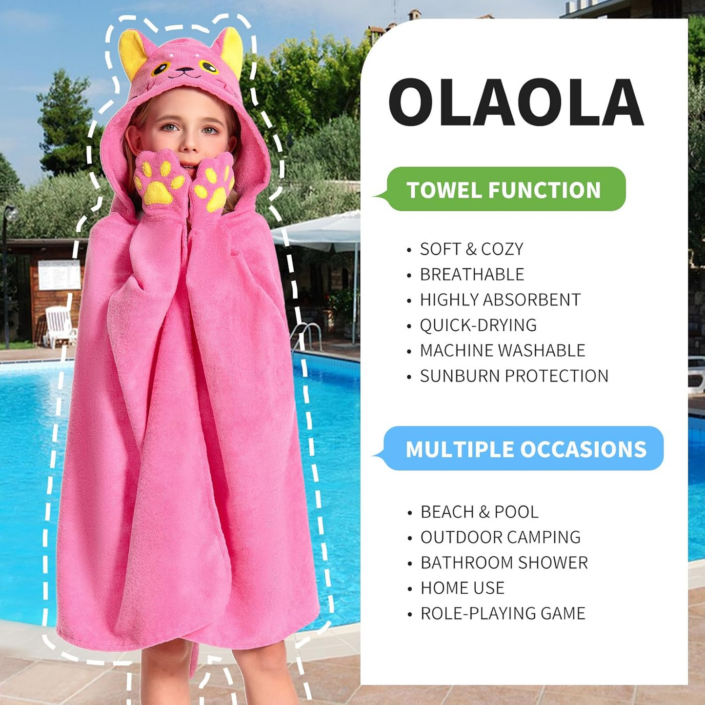 OLAOLA Kids Pink Cat Animal Beach Towels Blanket Plush Soft Absorbent Microfibre Outdoor Homewear Bath Hooded
