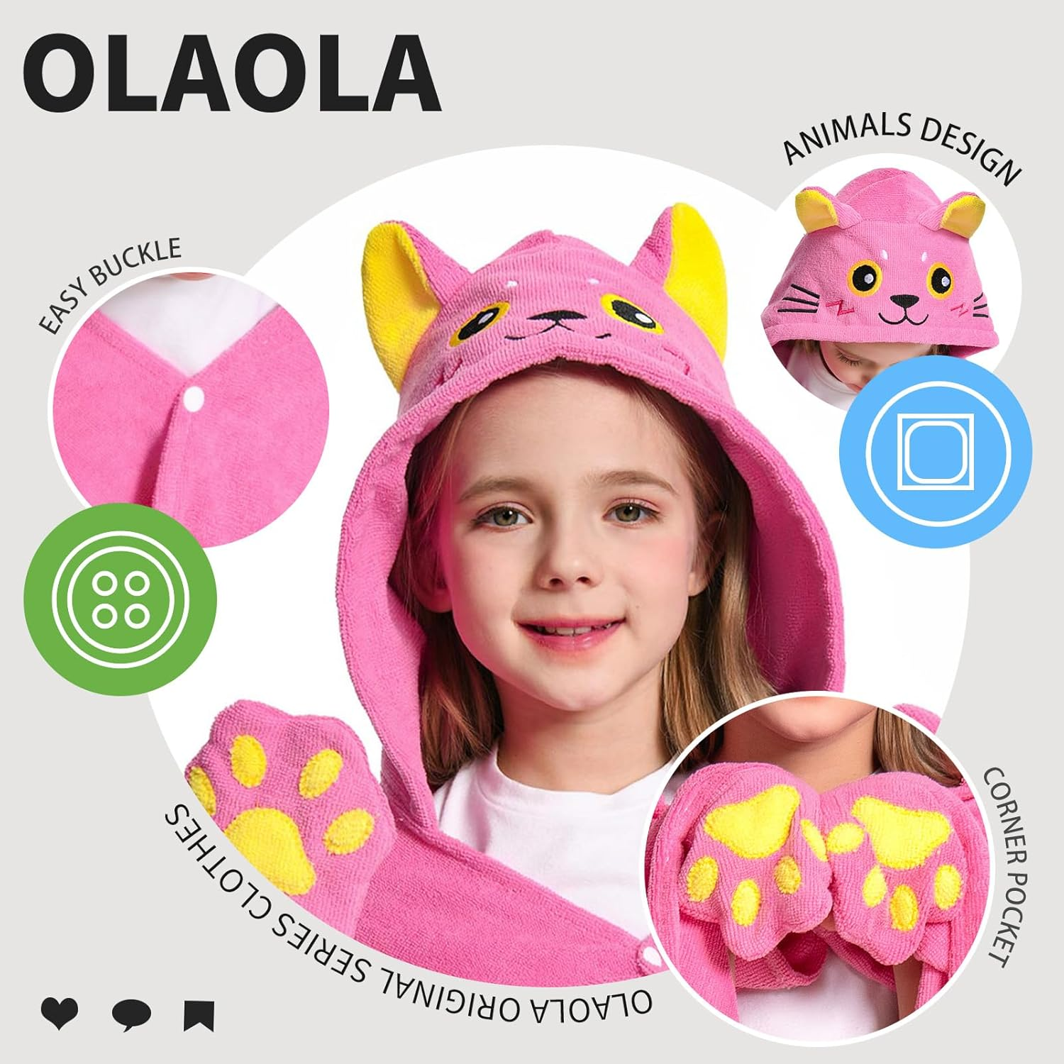 OLAOLA Kids Pink Cat Animal Beach Towels Blanket Plush Soft Absorbent Microfibre Outdoor Homewear Bath Hooded