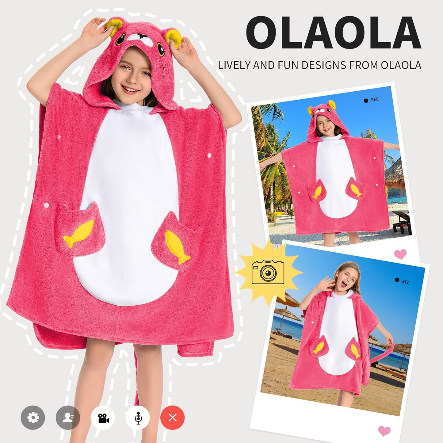 OLAOLA Kids Pink Cat Bathrobe Blanket Animal Onesie Beach Swim Towels Soft Absorbent Coral Fleece Pool Swim Towel