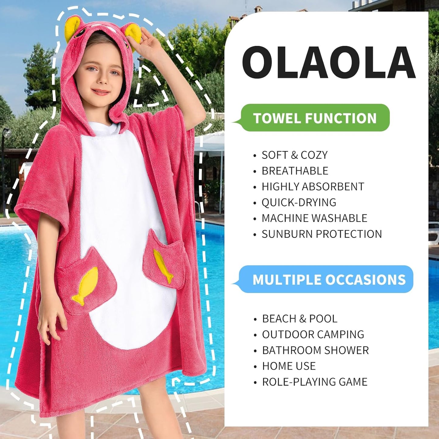OLAOLA Kids Pink Cat Bathrobe Blanket Animal Onesie Beach Swim Towels Soft Absorbent Coral Fleece Pool Swim Towel