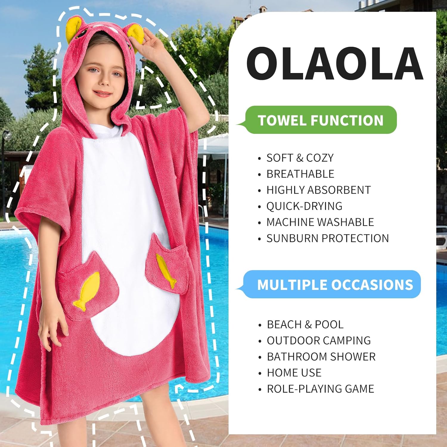 OLAOLA Kids Pink Cat Bathrobe Blanket Animal Onesie Beach Swim Towels Soft Absorbent Coral Fleece Pool Swim Towel