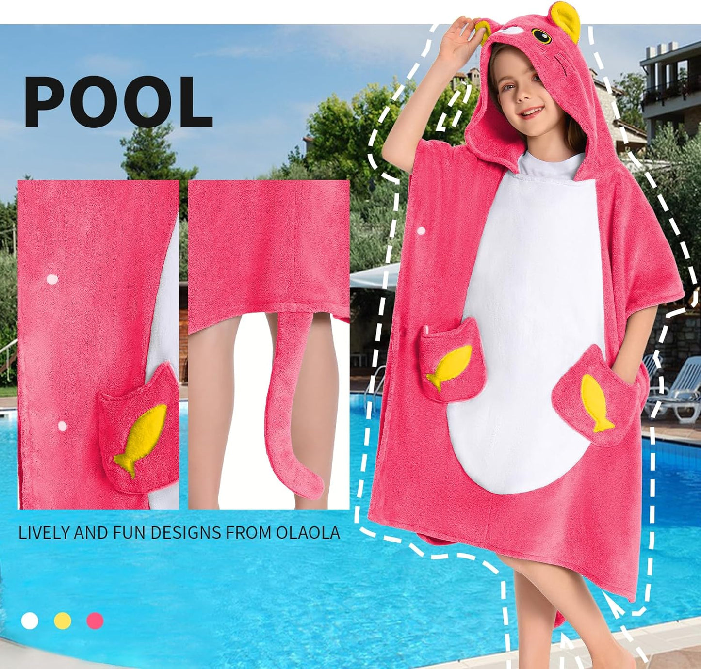 OLAOLA Kids Pink Cat Bathrobe Blanket Animal Onesie Beach Swim Towels Soft Absorbent Coral Fleece Pool Swim Towel