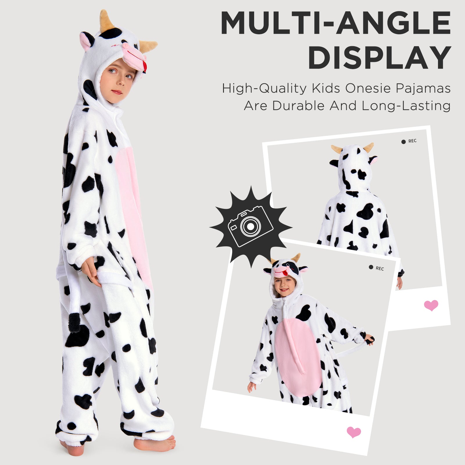 OLAOLA Kids Pink Cow Animal Onesie Plush Soft Flannel Warm Home Pajamas One-Piece Sleepwear