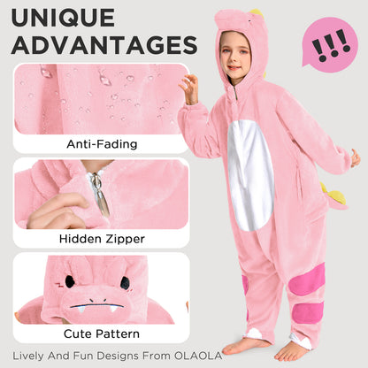 OLAOLA Kids Pink Dinosaur Animal Onesie Plush Soft Flannel Warm Home Pajamas One-Piece Sleepwear