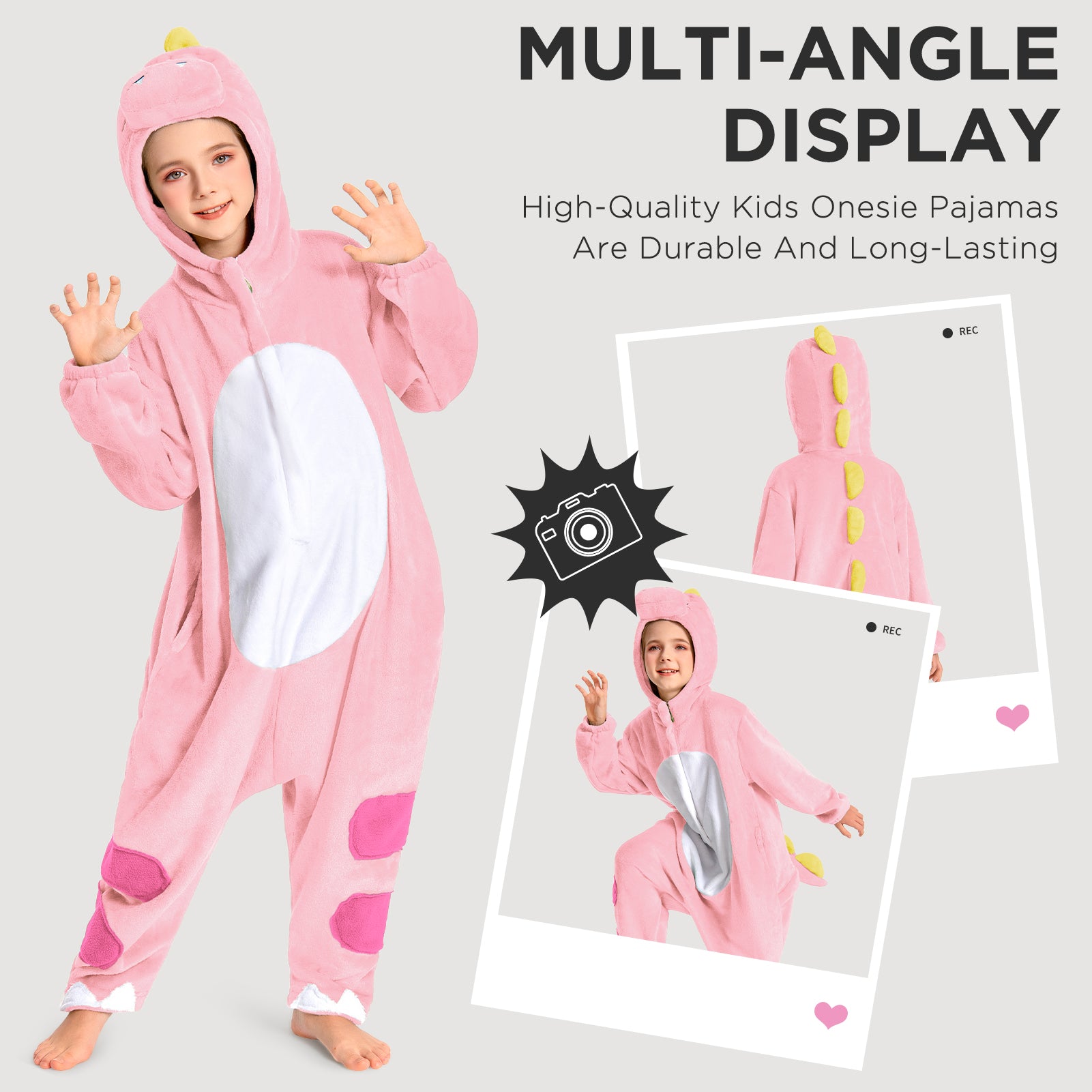 OLAOLA Kids Pink Dinosaur Animal Onesie Plush Soft Flannel Warm Home Pajamas One-Piece Sleepwear
