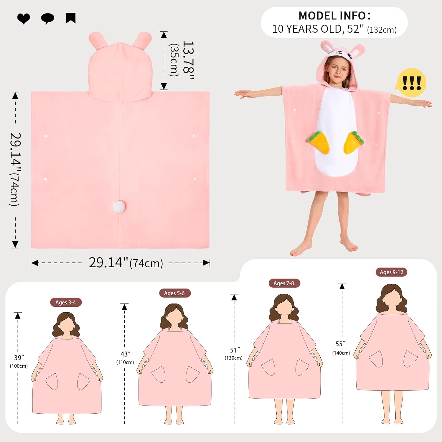 OLAOLA Kids Pink Rabbit Animal Beach Towels Bathrobe Blanket Plush Soft Coral Fleece Homewear Swim Robe