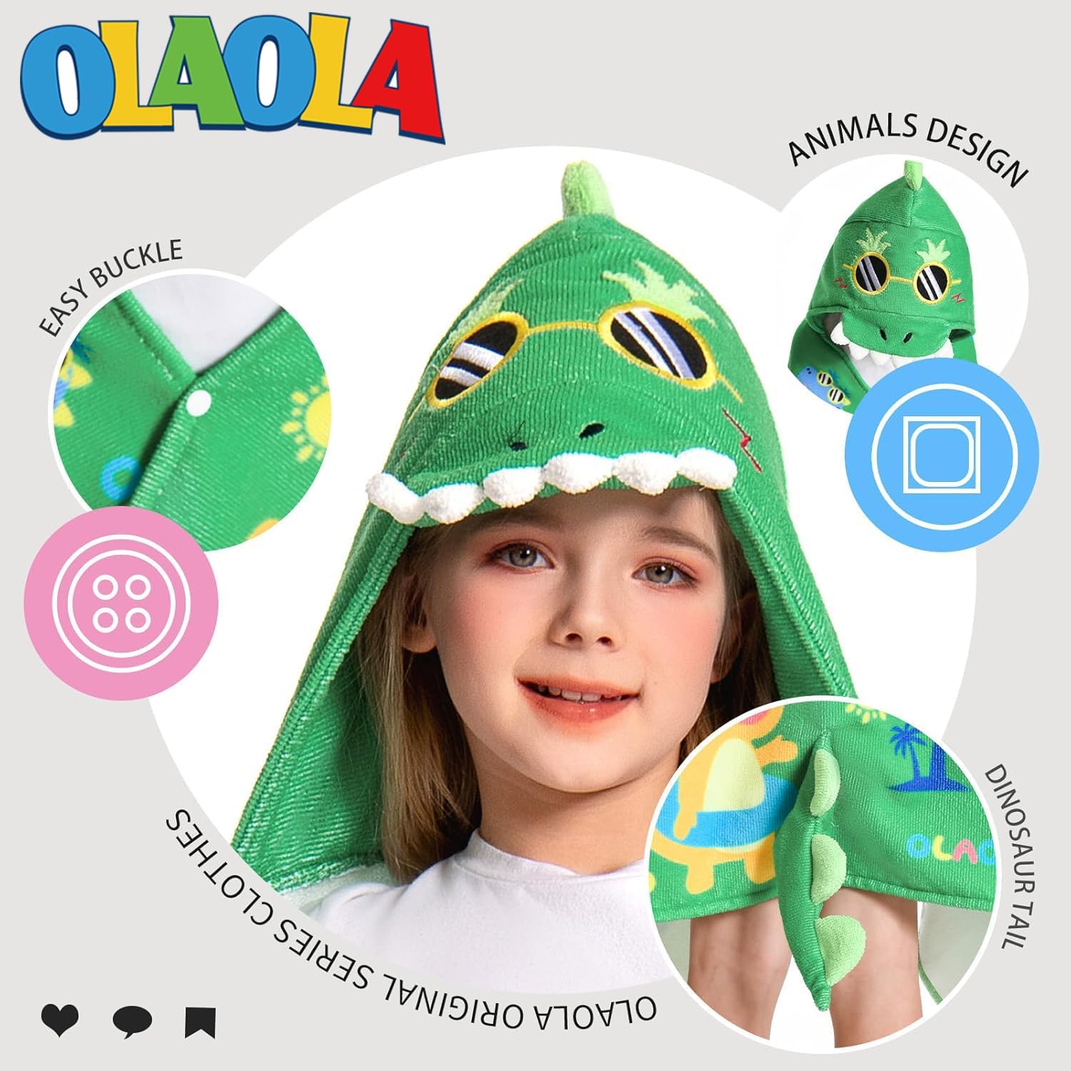 OLAOLA Kids Printed Beach Dinosaur Animal Bathrobe Blanket Plush Soft Absorbent Microfibre Outdoor Homewear
