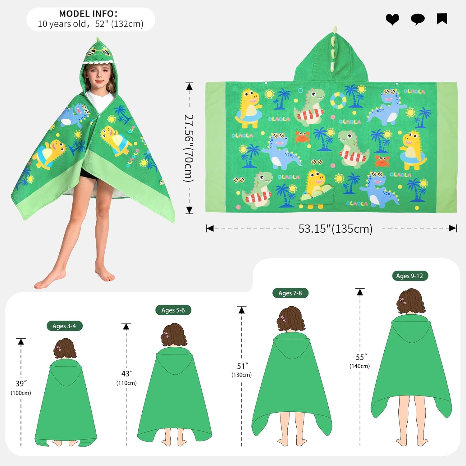 OLAOLA Kids Printed Beach Dinosaur Animal Bathrobe Blanket Plush Soft Absorbent Microfibre Outdoor Homewear