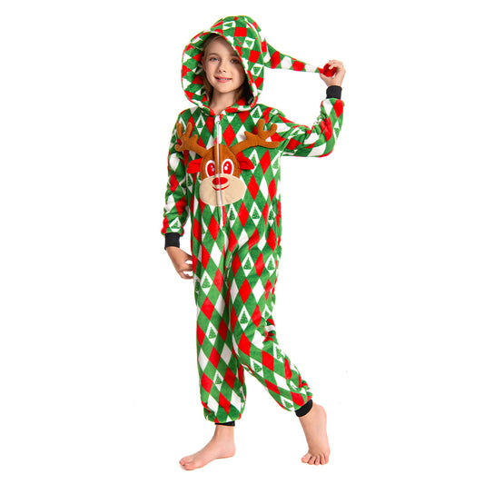 OLAOLA Kids Printed Diamond Elk Flannel Pajamas Plush Animals Onesie Soft Sleepwear Christmas Carnival Suit