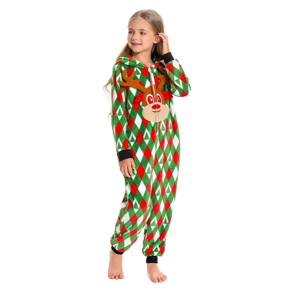 OLAOLA Kids Printed Diamond Elk Flannel Pajamas Plush Animals Onesie Soft Sleepwear Christmas Carnival Suit