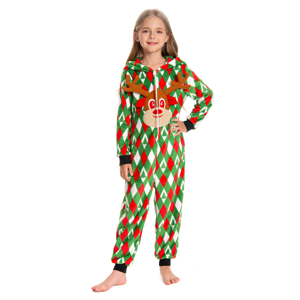 OLAOLA Kids Printed Diamond Elk Flannel Pajamas Plush Animals Onesie Soft Sleepwear Christmas Carnival Suit