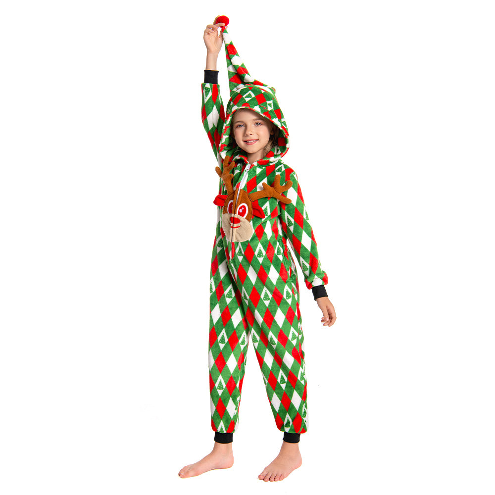 OLAOLA Kids Printed Diamond Elk Flannel Pajamas Plush Animals Onesie Soft Sleepwear Christmas Carnival Suit
