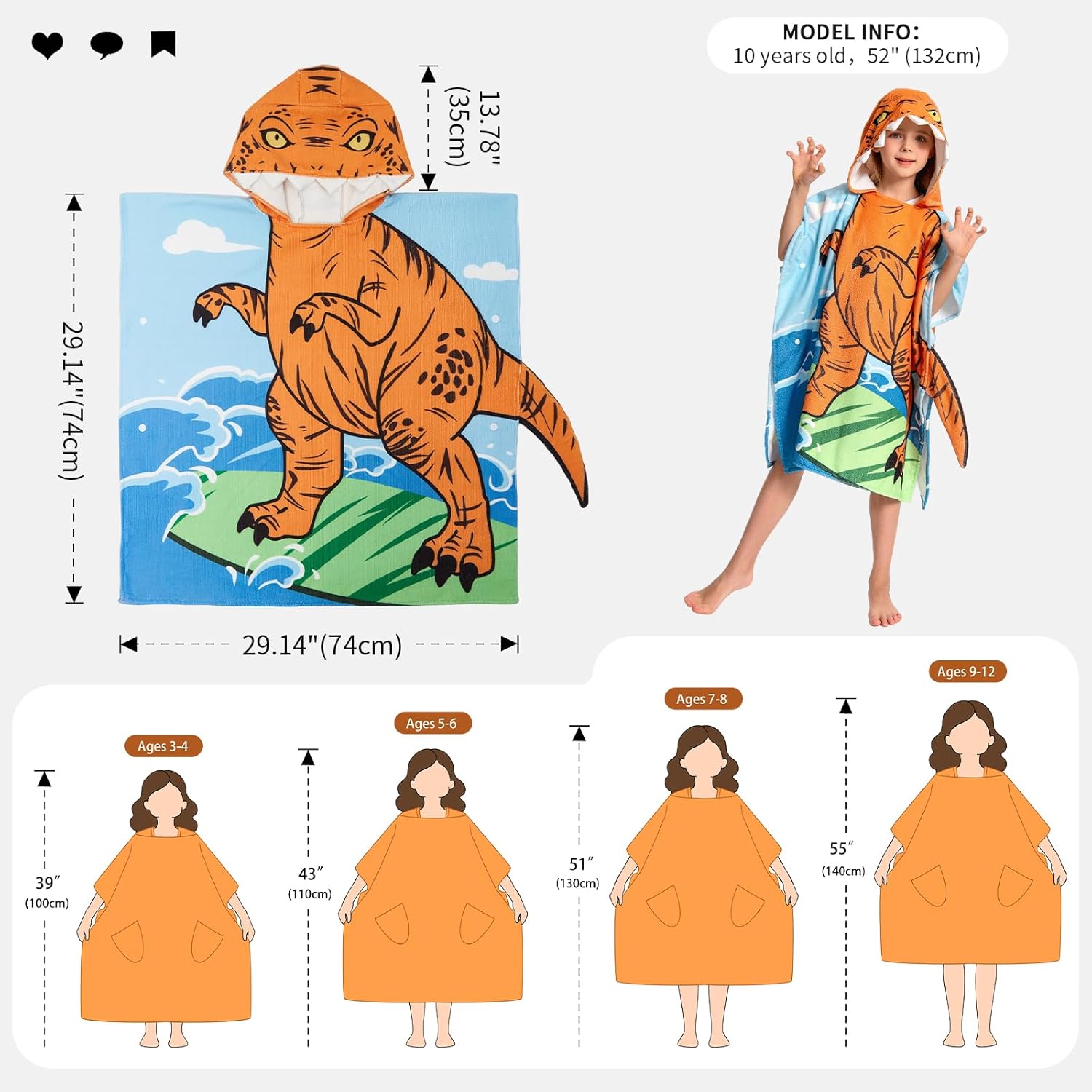 OLAOLA Kids Printed Dinosaur Tyrannosaurus Animal Beach Towels Blanket Plush Soft Absorbent Microfibre Outdoor Homewear