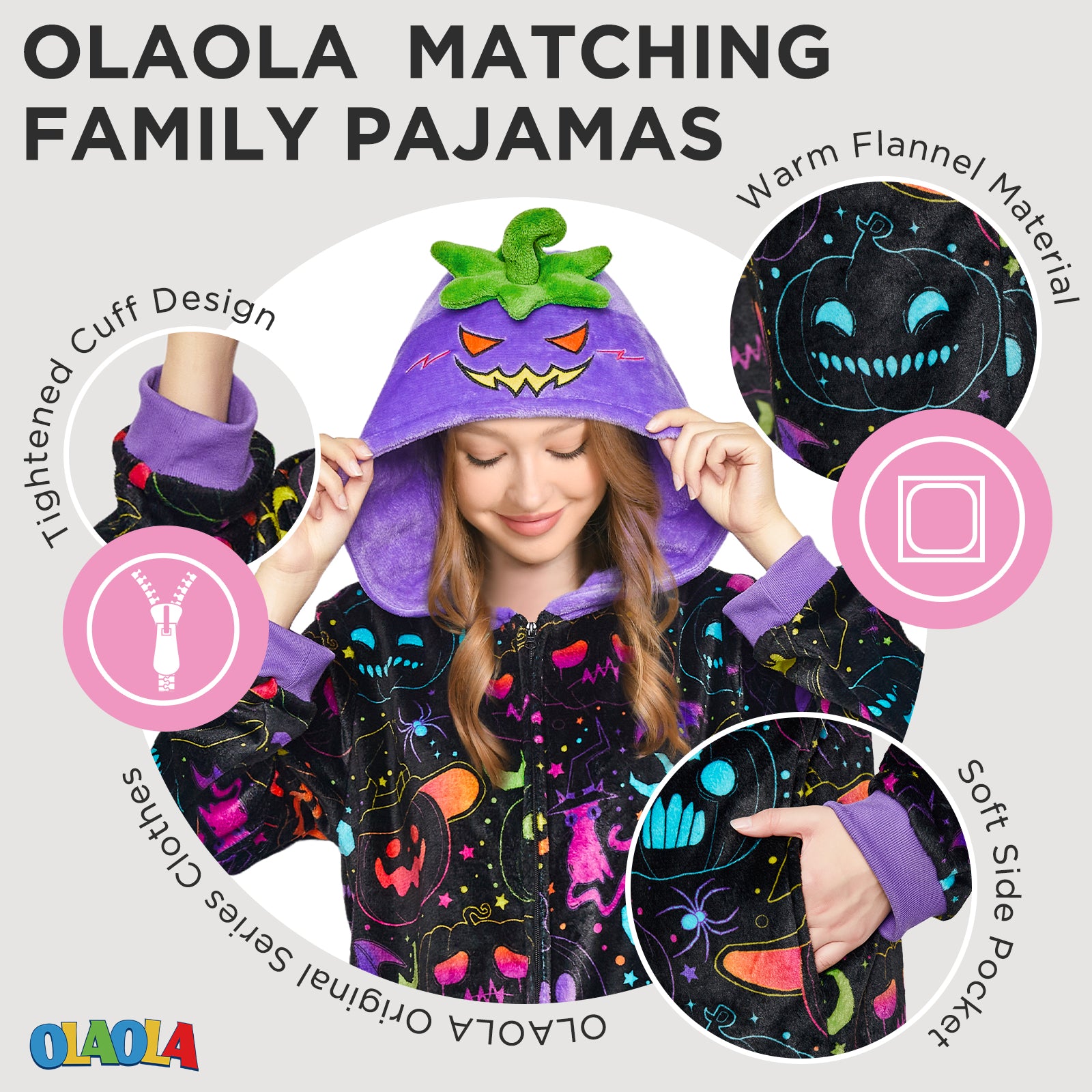 OLAOLA Kids Printed Fluorescent Pumpkin Pajamas Plush Animals Onesie Sleepwear Halloween Party Suit