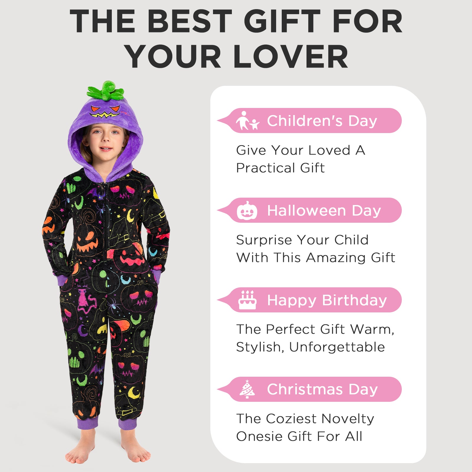 OLAOLA Kids Printed Fluorescent Pumpkin Pajamas Plush Animals Onesie Sleepwear Halloween Party Suit