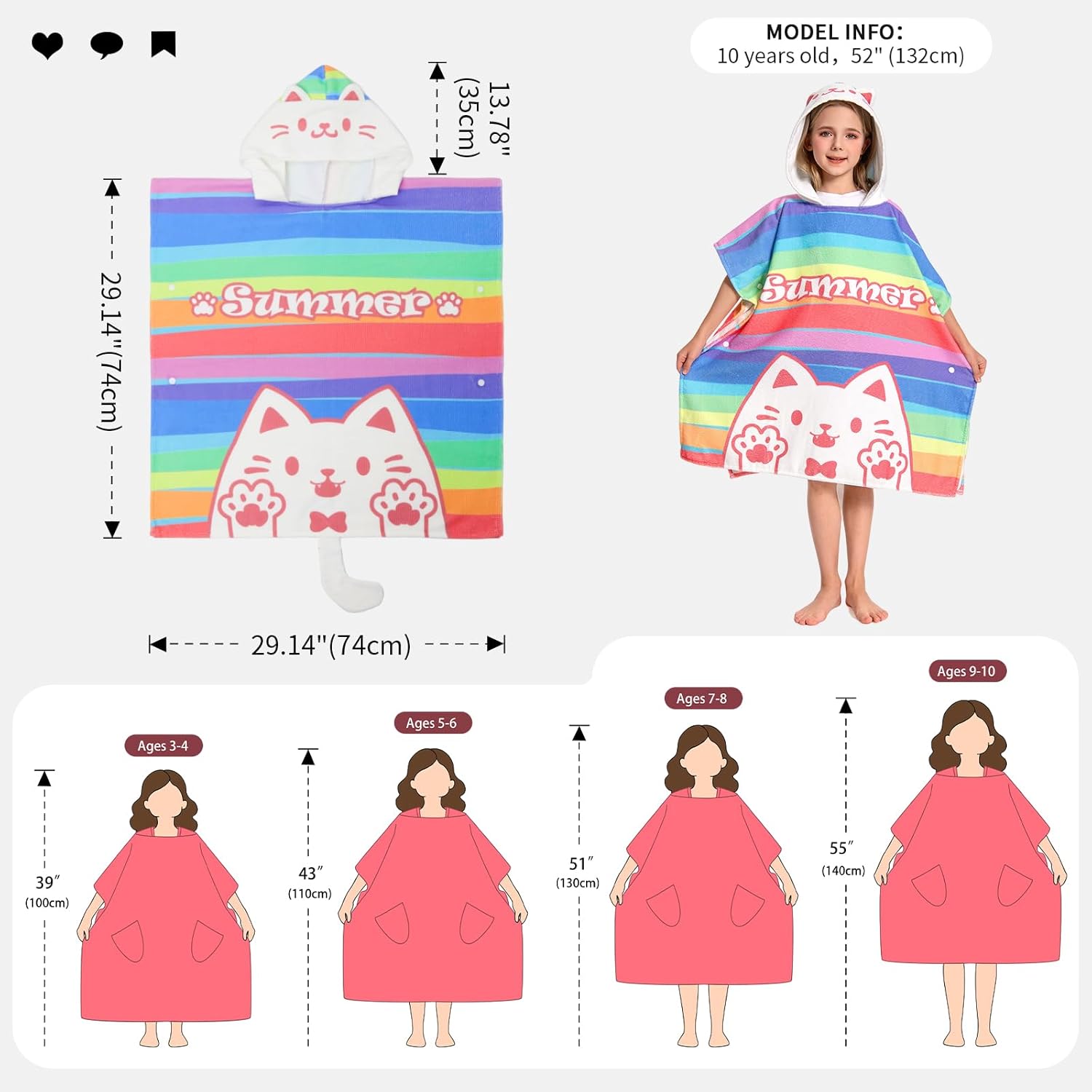 OLAOLA Kids Printed Rainbow Cat Beach Towels Blanket Plush Soft Absorbent Microfibre Outdoor Homewear Swim Robe