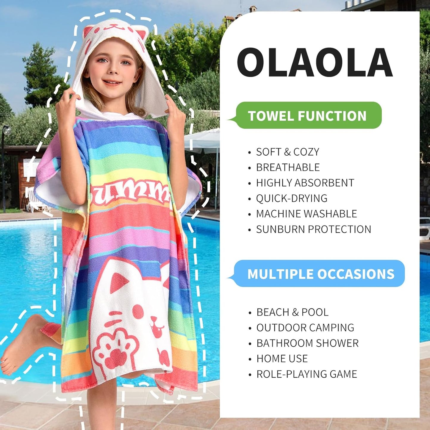 OLAOLA Kids Printed Rainbow Cat Beach Towels Blanket Plush Soft Absorbent Microfibre Outdoor Homewear Swim Robe