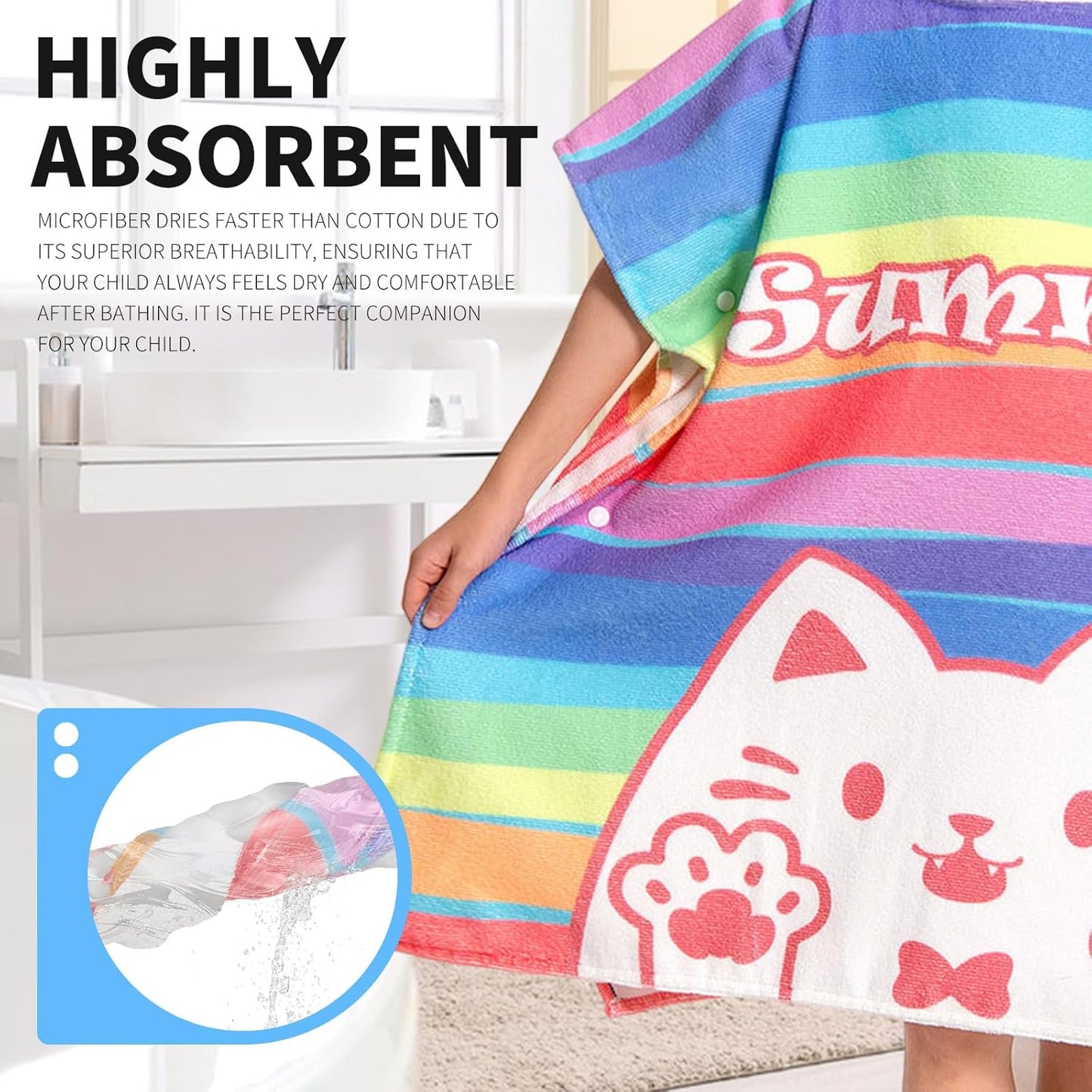 OLAOLA Kids Printed Rainbow Cat Beach Towels Blanket Plush Soft Absorbent Microfibre Outdoor Homewear Swim Robe