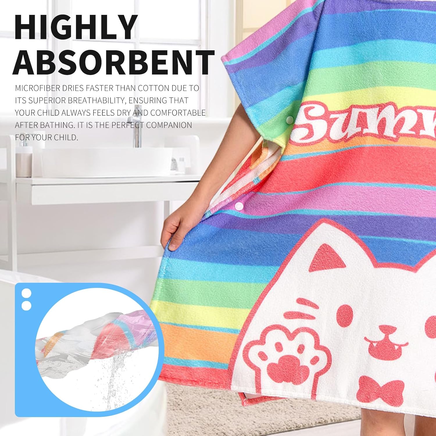 OLAOLA Kids Printed Rainbow Cat Beach Towels Blanket Plush Soft Absorbent Microfibre Outdoor Homewear Swim Robe
