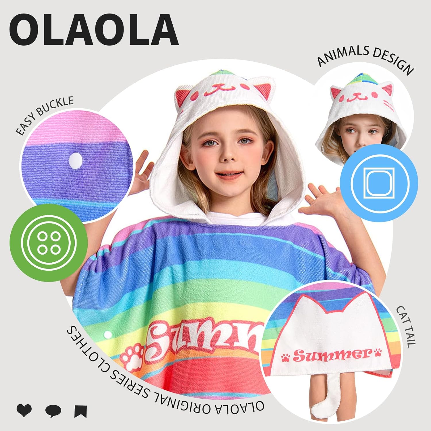 OLAOLA Kids Printed Rainbow Cat Beach Towels Blanket Plush Soft Absorbent Microfibre Outdoor Homewear Swim Robe