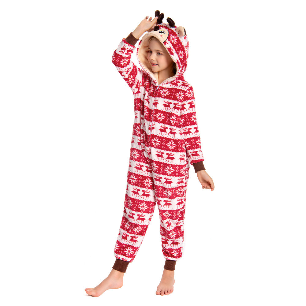 OLAOLA Kids Printed Red Deer Elk Flannel Pajamas Plush Animals Onesie Adult Soft Sleepwear Christmas Carnival Suit