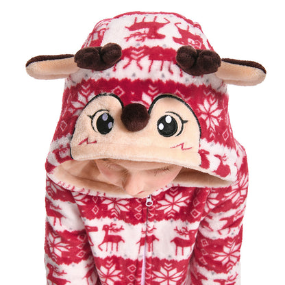 OLAOLA Kids Printed Red Deer Elk Flannel Pajamas Plush Animals Onesie Adult Soft Sleepwear Christmas Carnival Suit