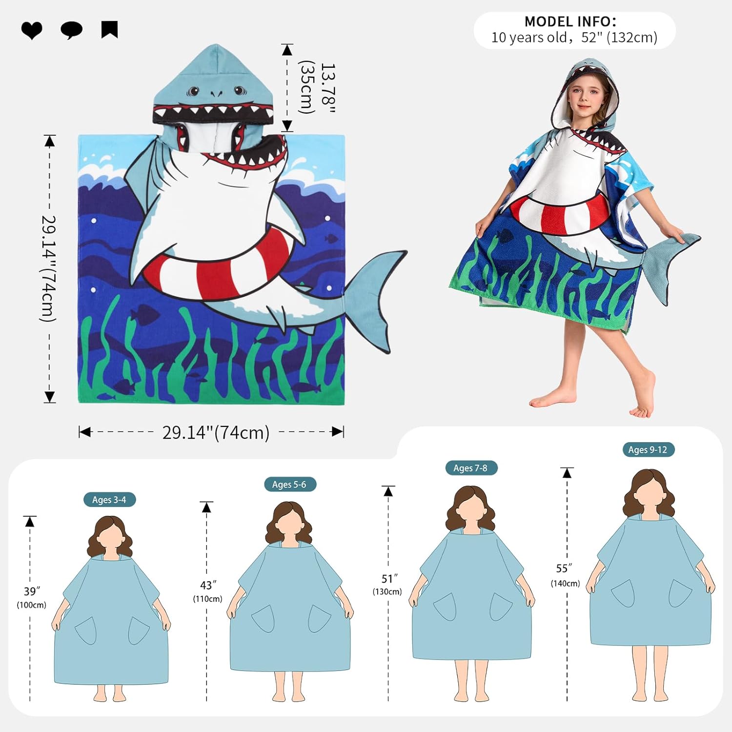 OLAOLA Kids Printed Shark Animal Beach Towels Blanket Plush Soft Absorbent Microfibre Outdoor Homewear