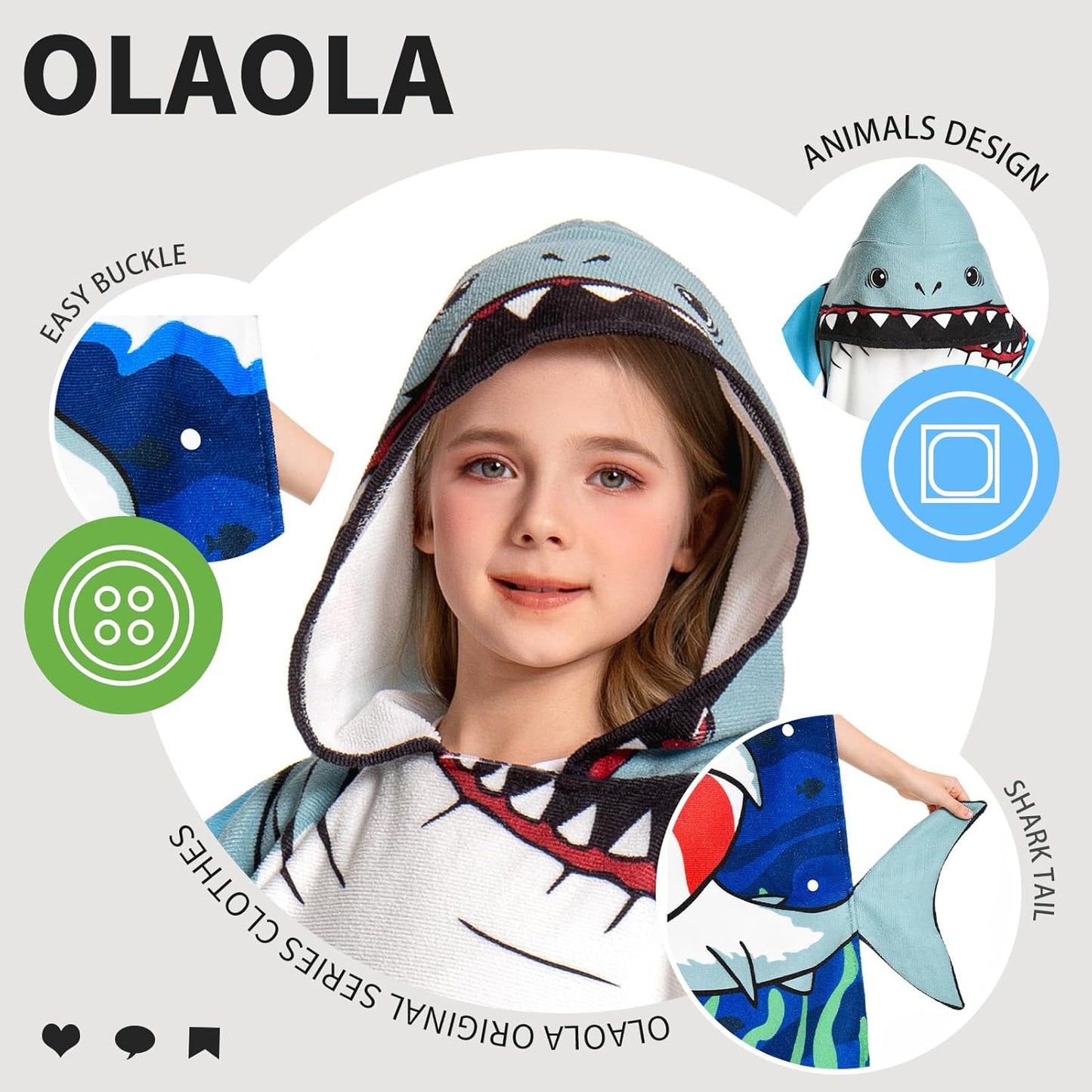 OLAOLA Kids Printed Shark Animal Beach Towels Blanket Plush Soft Absorbent Microfibre Outdoor Homewear