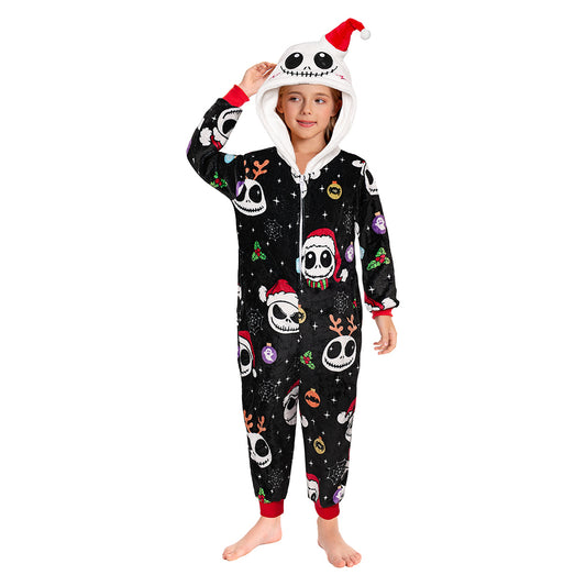 OLAOLA Kids Printed Skeleton Black Pajamas Plush Animals Onesie Sleepwear Halloween Party Suit