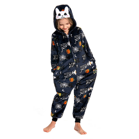 OLAOLA Kids Printed Skull Onesie Halloween Plush Soft Flannel Warm Home Pajamas One-Piece Sleepwear