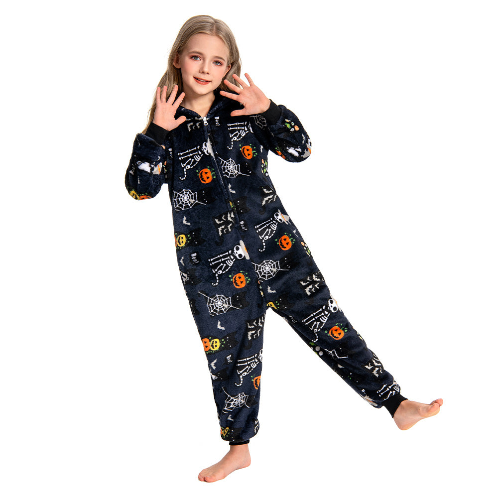 OLAOLA Kids Printed Skull Onesie Halloween Plush Soft Flannel Warm Home Pajamas One-Piece Sleepwear