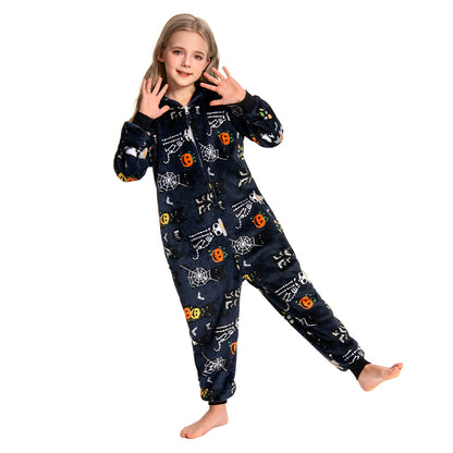 OLAOLA Kids Printed Skull Onesie Halloween Plush Soft Flannel Warm Home Pajamas One-Piece Sleepwear