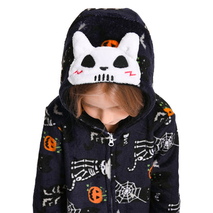 OLAOLA Kids Printed Skull Onesie Halloween Plush Soft Flannel Warm Home Pajamas One-Piece Sleepwear