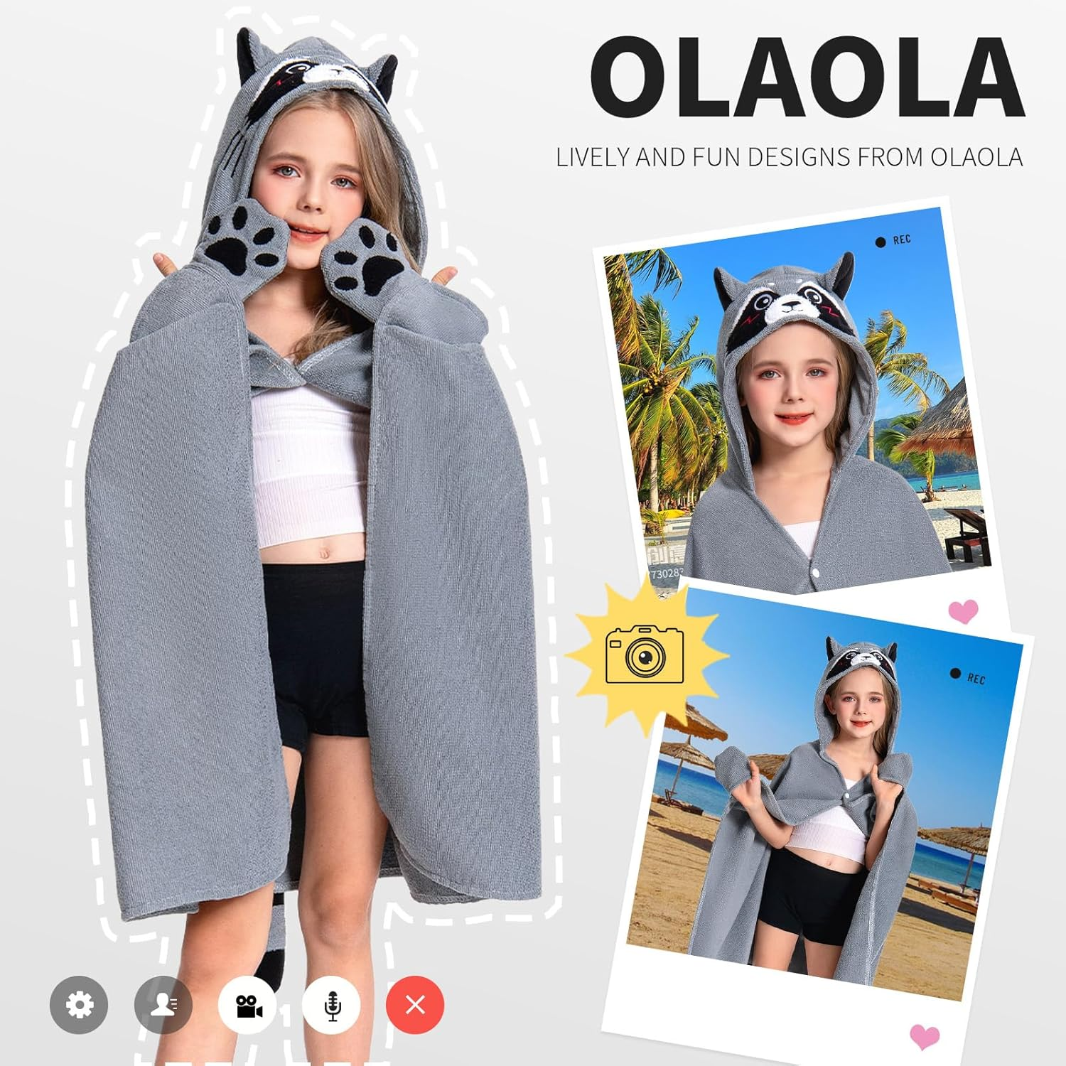 OLAOLA Kids Raccoon Animal Beach Towels Blanket Plush Soft Absorbent Microfibre Outdoor Homewear Swim Robe