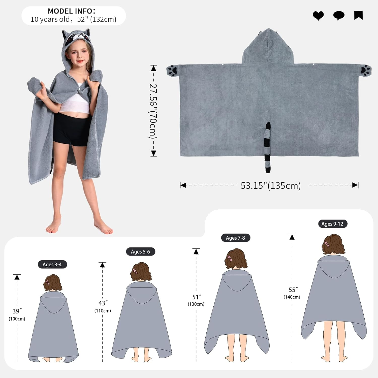 OLAOLA Kids Raccoon Animal Beach Towels Blanket Plush Soft Absorbent Microfibre Outdoor Homewear Swim Robe