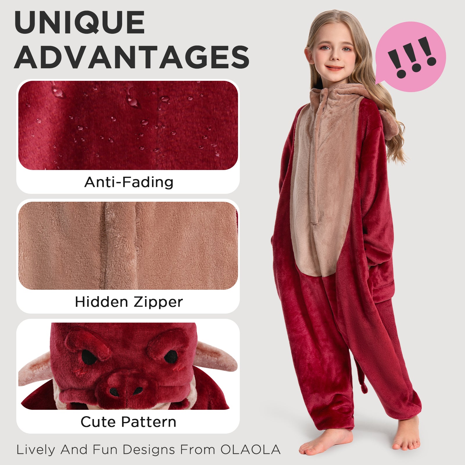 OLAOLA Kids Red Dragon Animal Onesie Plush Soft Flannel Warm Home Pajamas One-Piece Sleepwear
