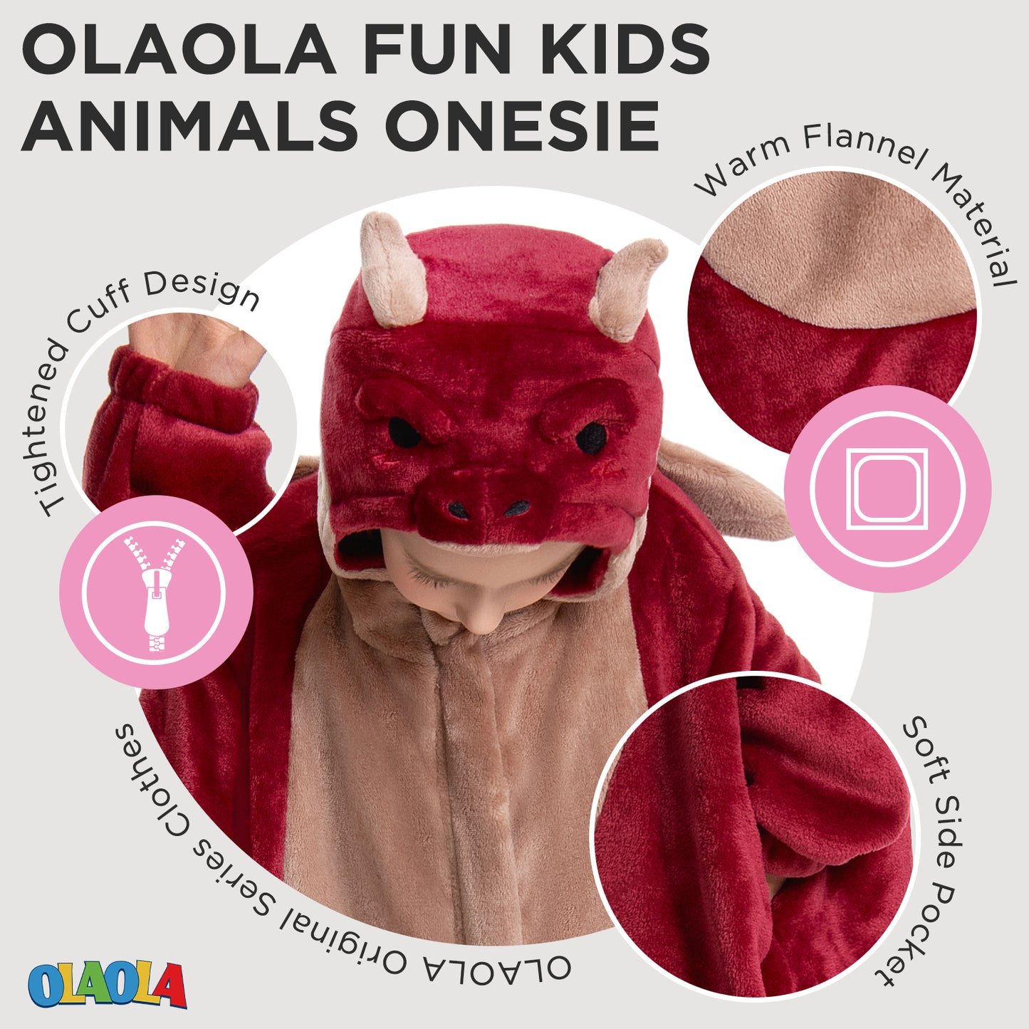 OLAOLA Kids Red Dragon Animal Onesie Plush Soft Flannel Warm Home Pajamas One-Piece Sleepwear