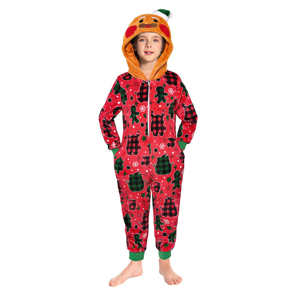 OLAOLA Kids Red Gingerbread Man Printed Pajamas Plush Animals Onesie Sleepwear Christmas Party Suit