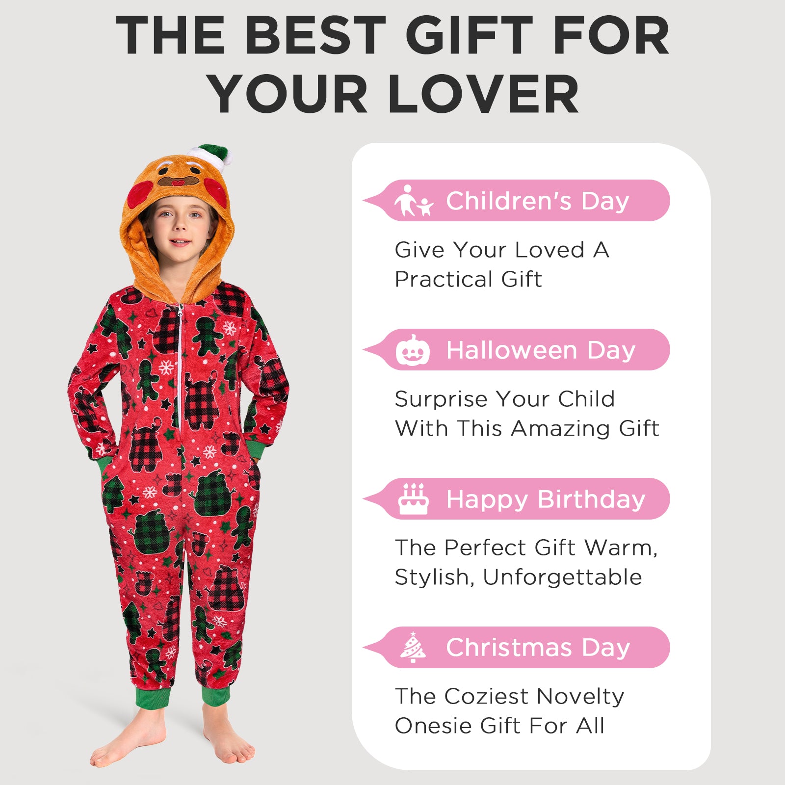 OLAOLA Kids Red Gingerbread Man Printed Pajamas Plush Animals Onesie Sleepwear Christmas Party Suit
