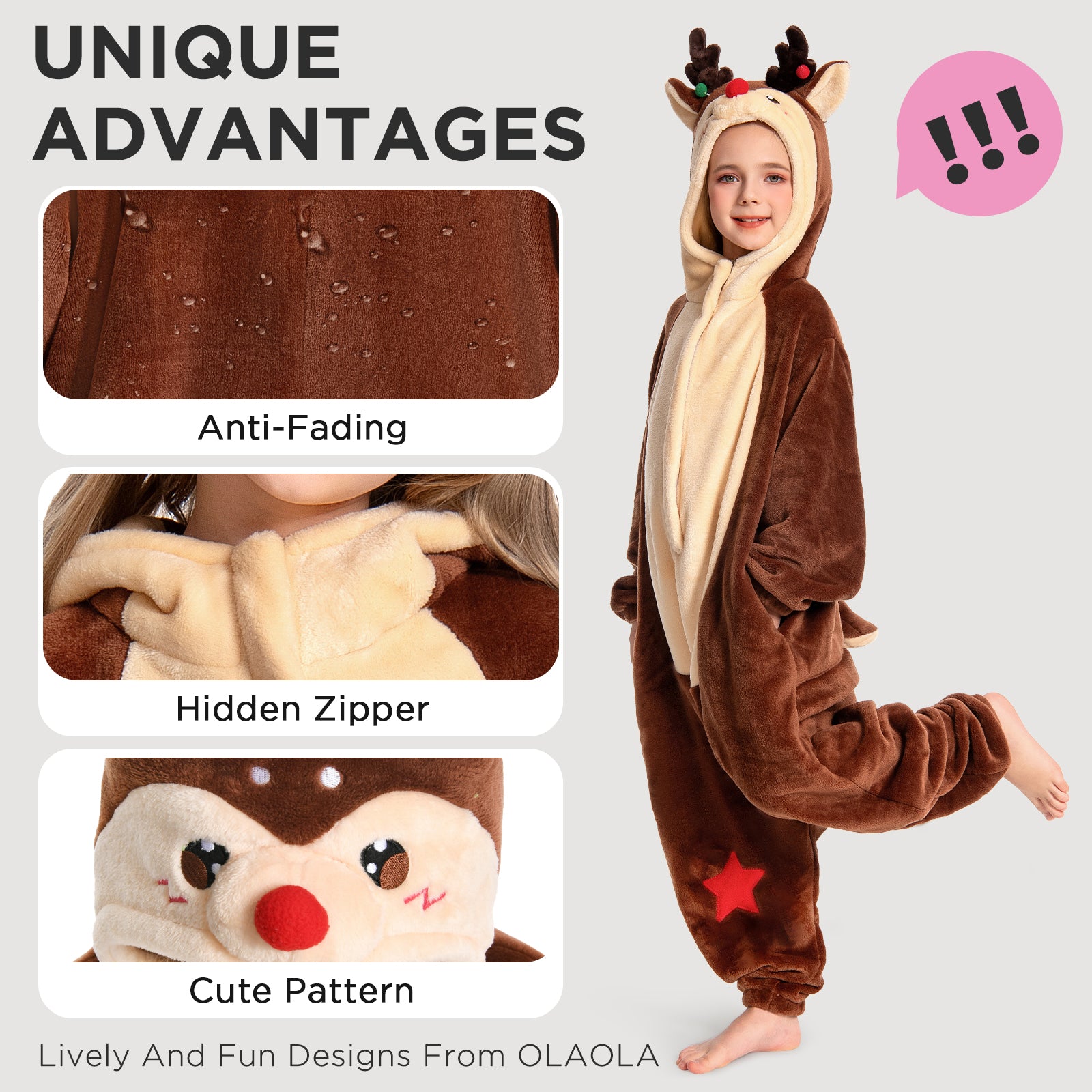 OLAOLA Kids Reindeer Animal Onesie Christmas Plush Soft Flannel Warm Home Pajamas One-Piece Sleepwear