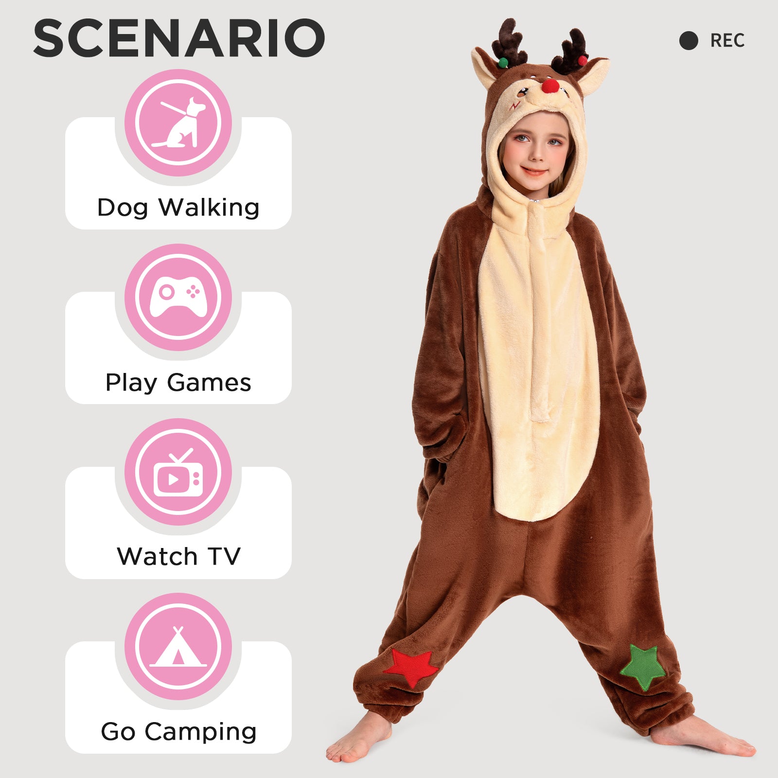 OLAOLA Kids Reindeer Animal Onesie Christmas Plush Soft Flannel Warm Home Pajamas One-Piece Sleepwear