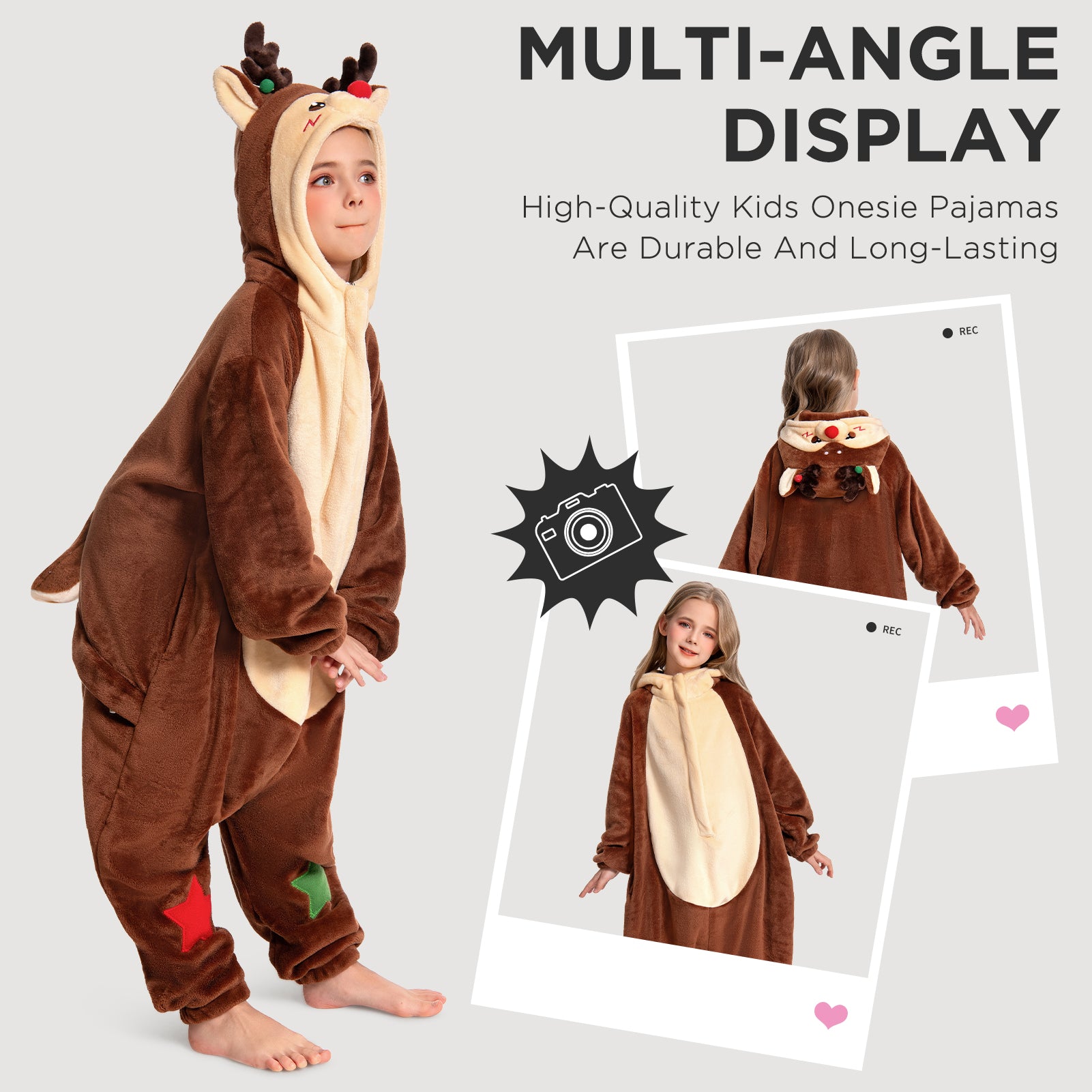 OLAOLA Kids Reindeer Animal Onesie Christmas Plush Soft Flannel Warm Home Pajamas One-Piece Sleepwear